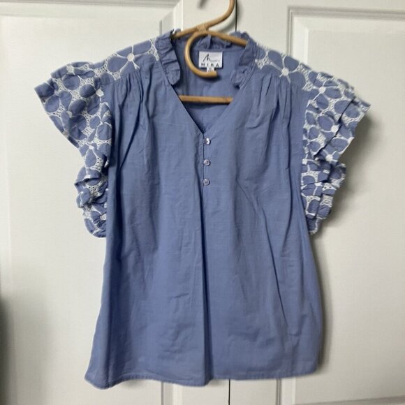 Mira Shirt Womens XL Eyelet Flutter Sleeve Blue Cotton Popover Blouse - Picture 1 of 7